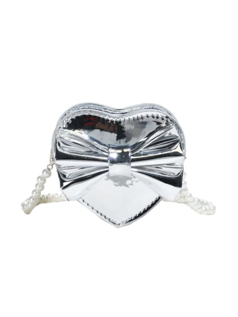 Girls Heart Shaped Crossbody Bag Pearl Strap Bow Metallic Finish Purse